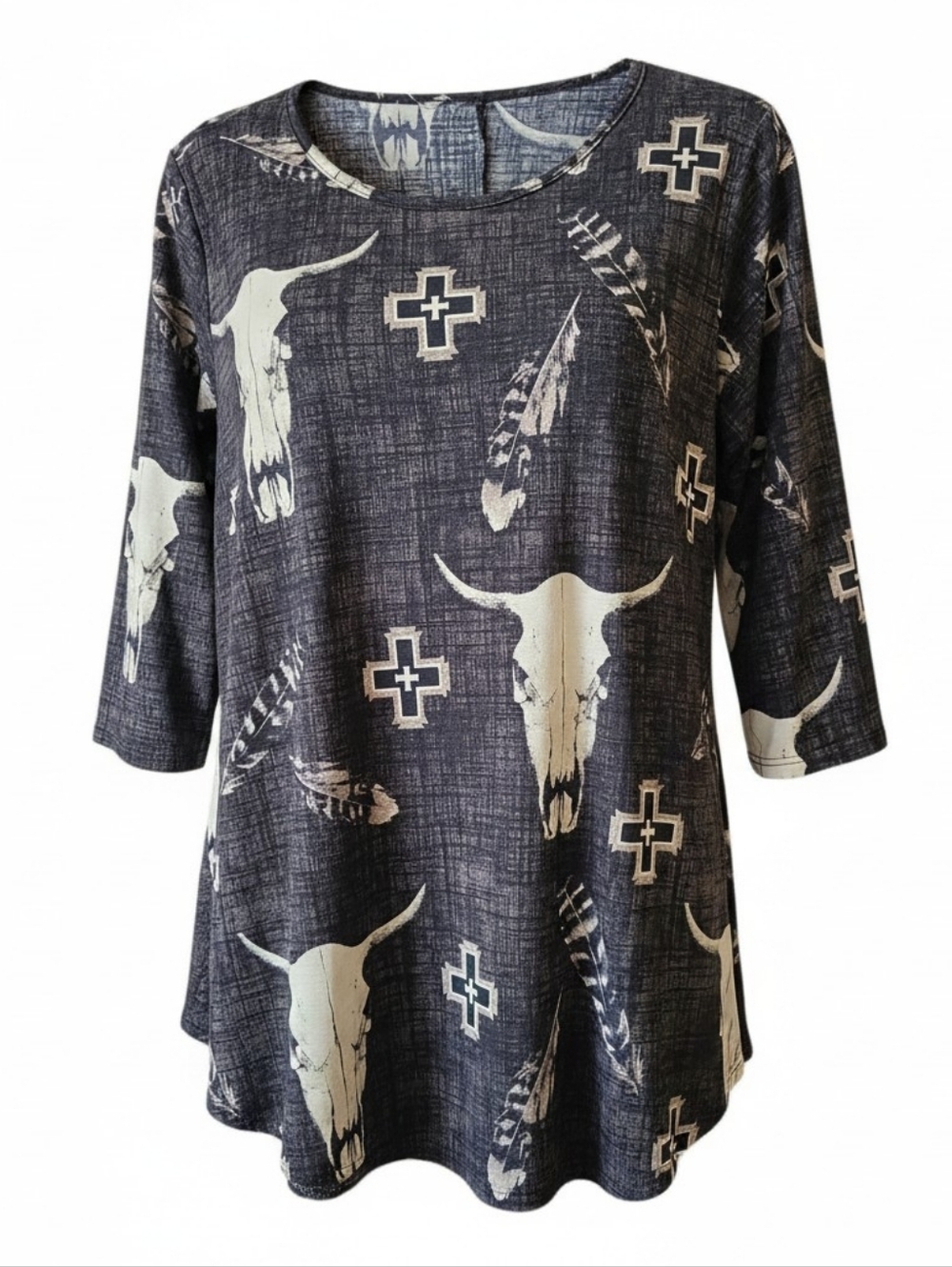 L&B LUCKY & BLESSED | Western Longhorn Skull Cross Feather Tunic Swing Top | M